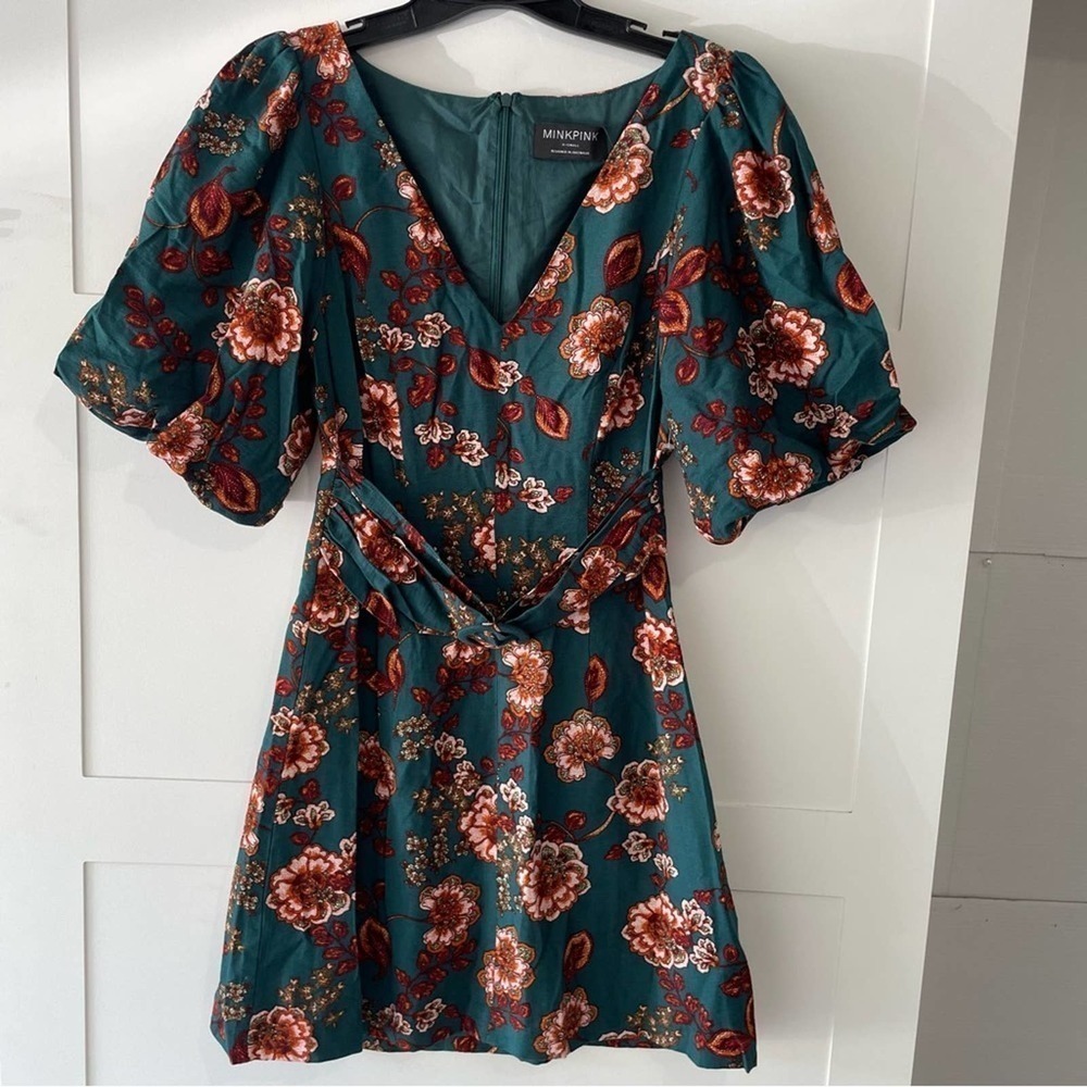 New! MinkPink Women's Olivia Belted Floral Mini Dress Multi Size XS Green 15956